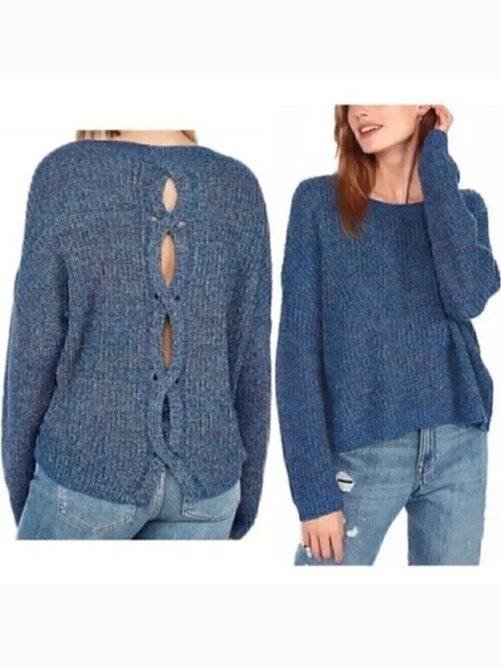EXPRESS Cable Knit Split Back Pullover Sweater Blue Pink Green Twist Slouchy Fit